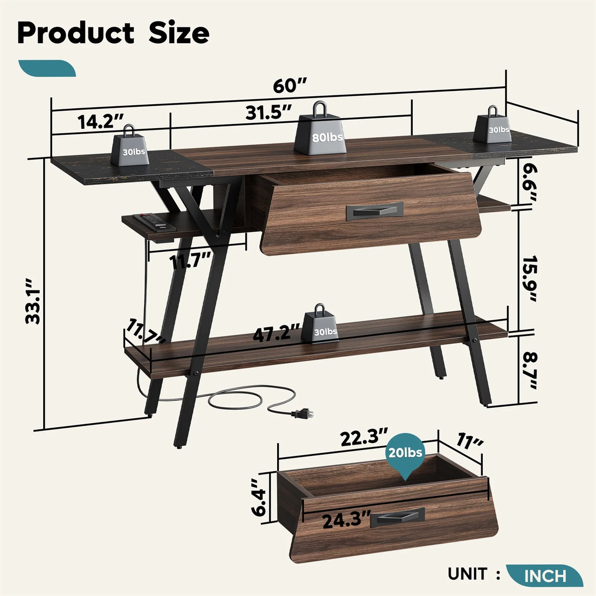 60" 3 Tier Walnut Console Table with LED Lights R179