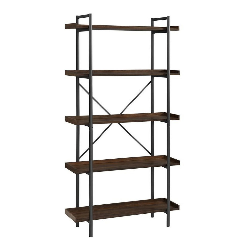 5 Shelf Dark Walnut Wood Bookshelf Set of 2 I98471