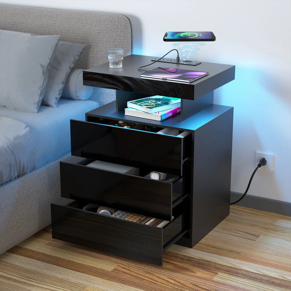 Black 2 Drawer LED Nightstand with Charging Station E6810