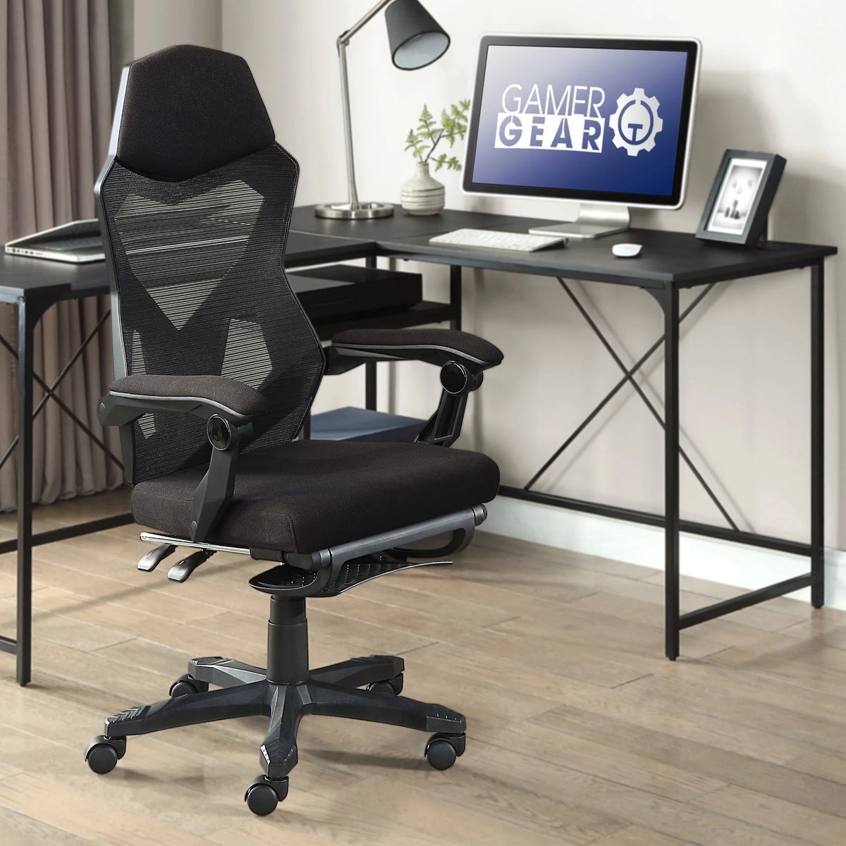Black Fabric Gaming Office Chair with Extendable Leg Rest A3694