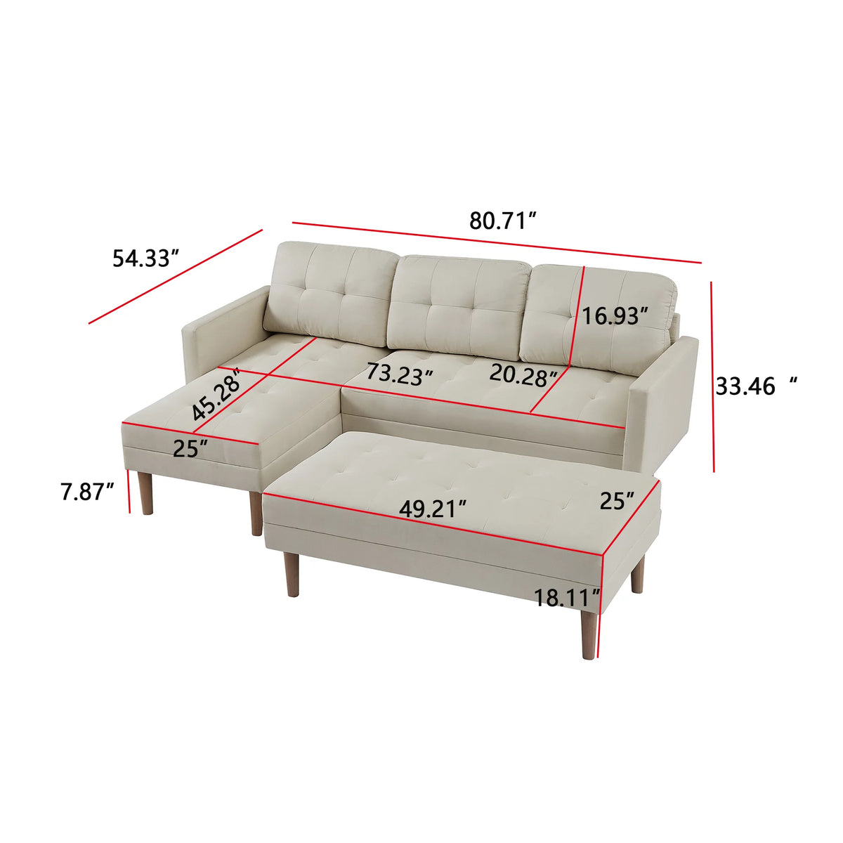 Beige L-shape Sectional Sofa Bed with Ottoman Bench Y65003