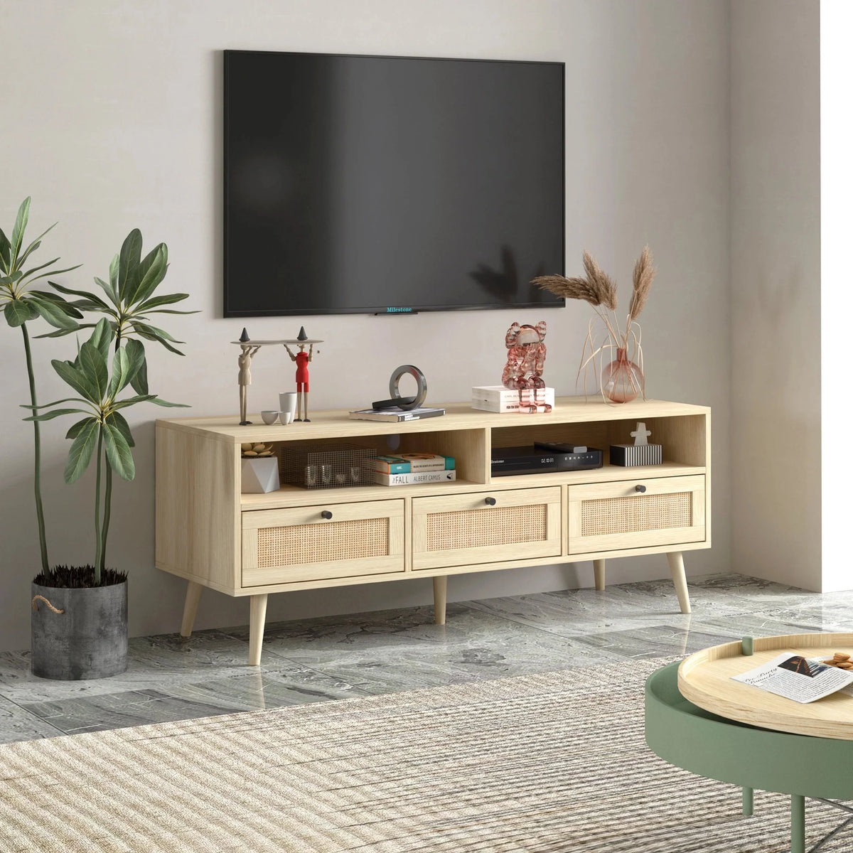 Rattan TV Stand with Solid Wood Feet B582842