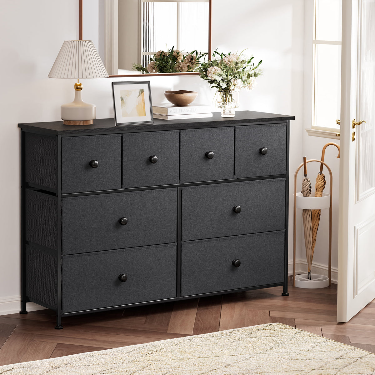 8 Drawer Fabric Dresser with Steel Frame and Wooden Top O30343