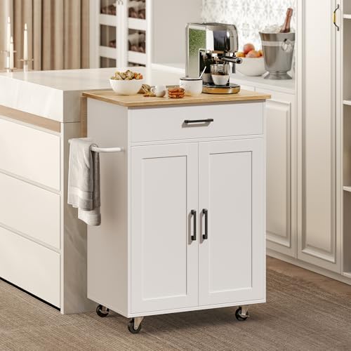 White Drop Leaf Kitchen Island on Wheels with Drawer Q365