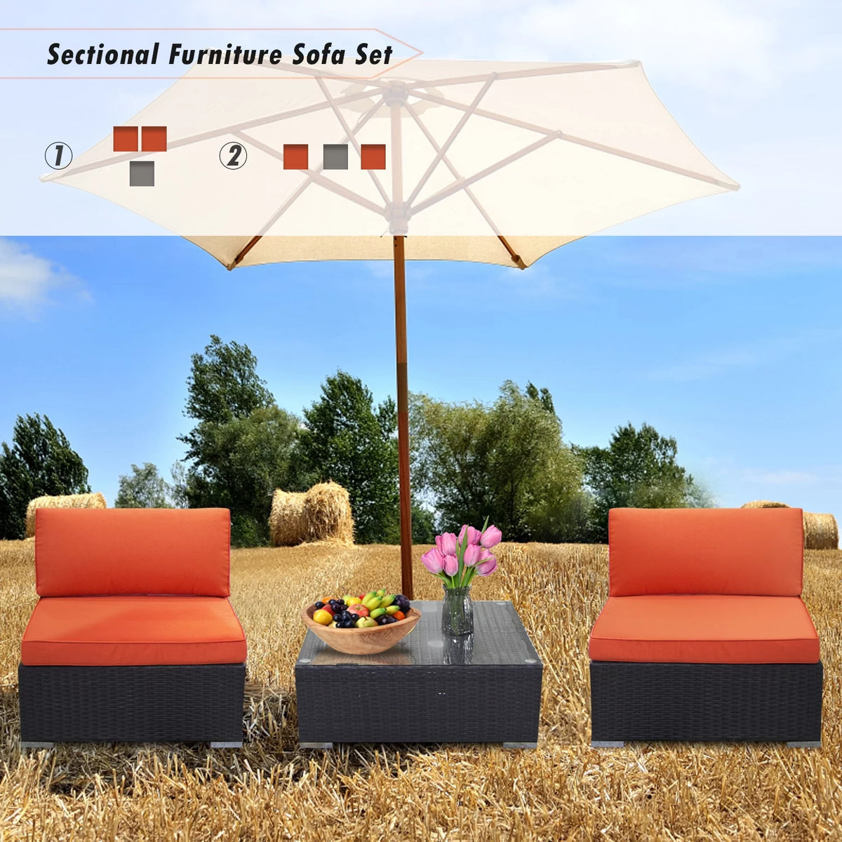 Orange 3 Piece PE Rattan Wicker Sofa Set N6658