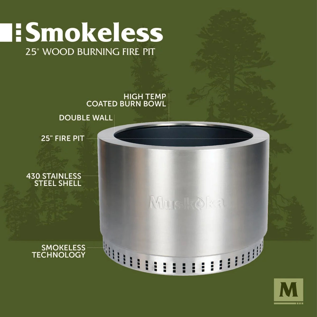 25 Stainless Steel Smokeless Wood Burning Fire Pit with Cover X504347
