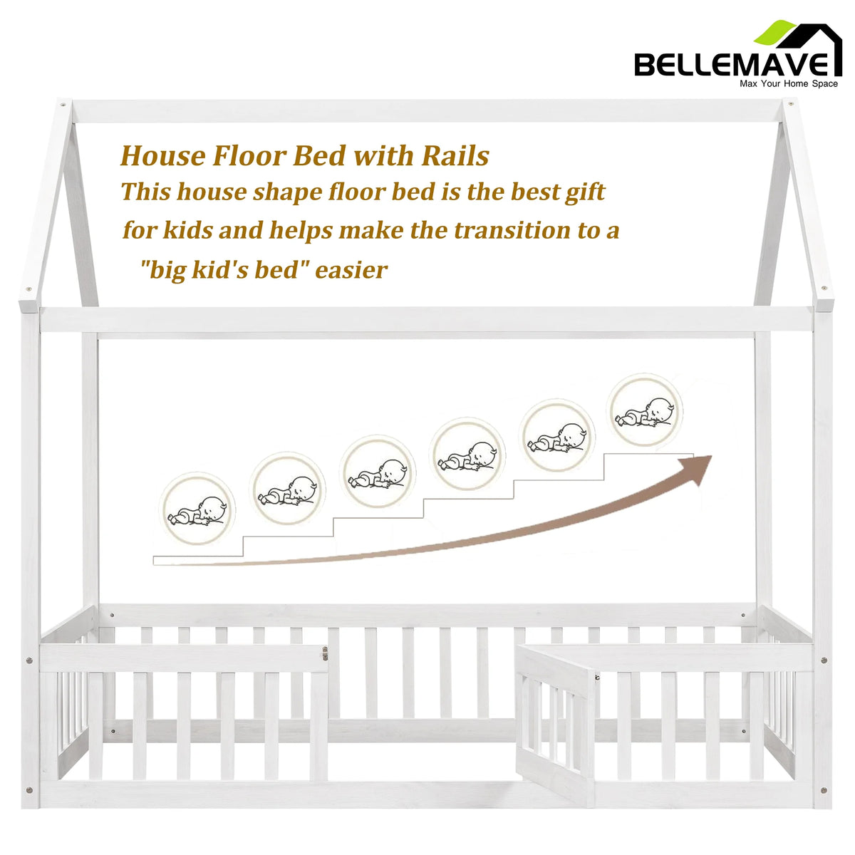 Twin House Floor Bed with Rails and Door D2338