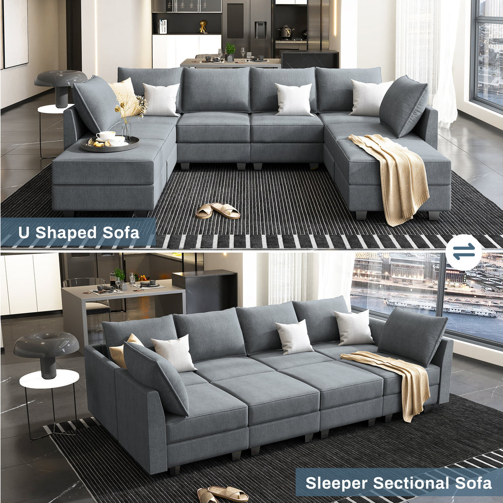Bluish Grey Convertible Sleeper Sofa with Storage Ottomans M223772