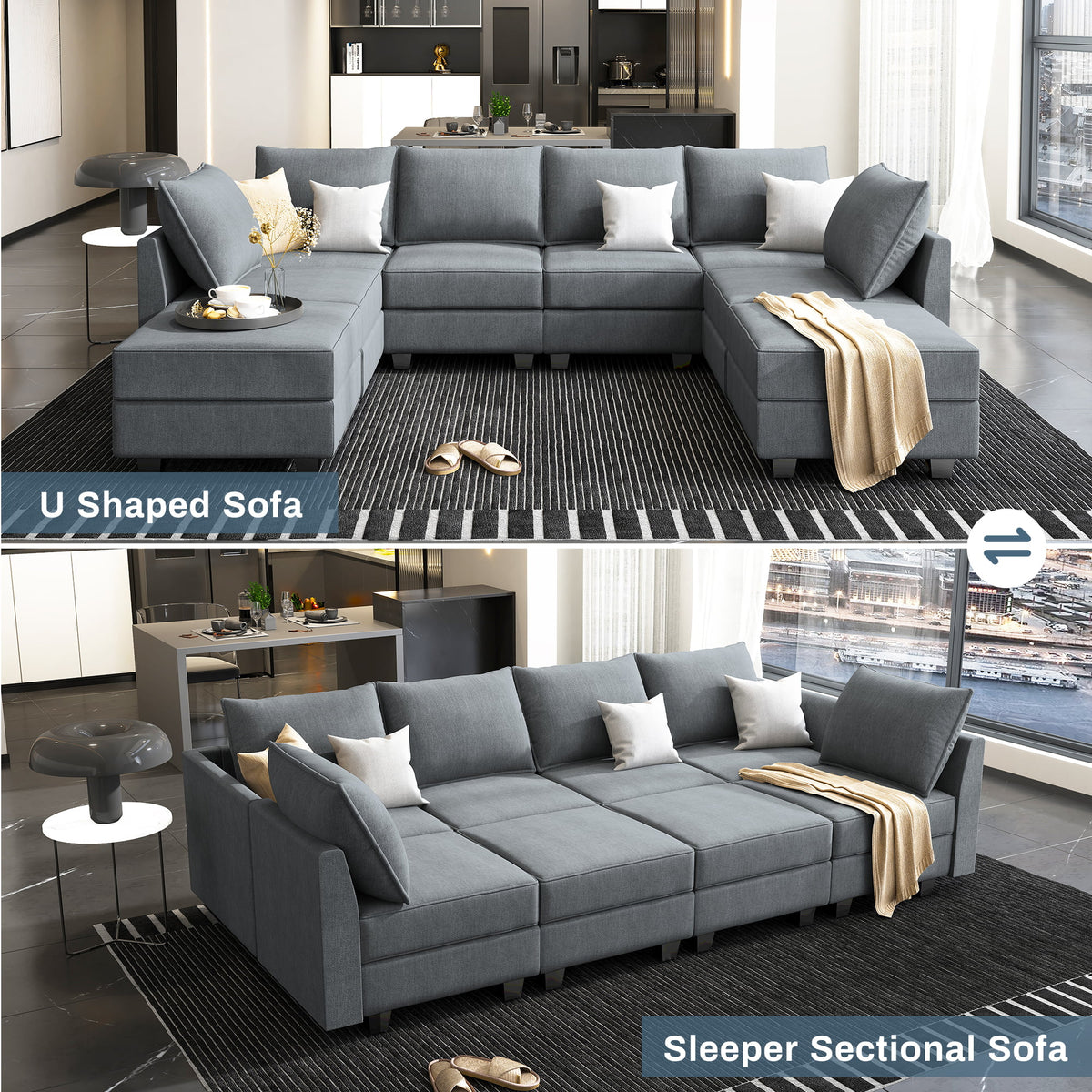 Bluish Grey Convertible Sleeper Sofa with Storage Ottomans M223772