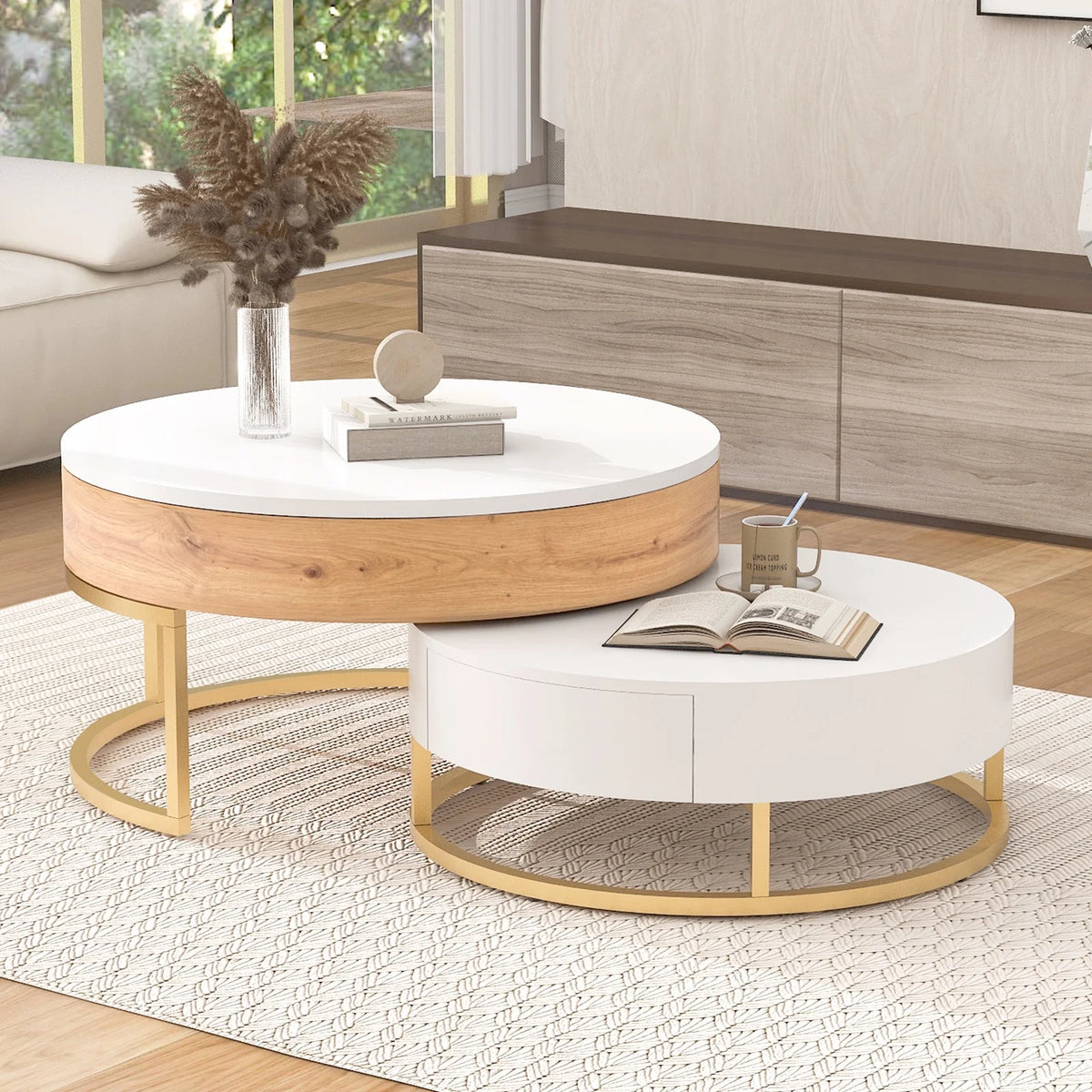 Round Lift-top Nesting Coffee Tables with 2 Drawers Q49693