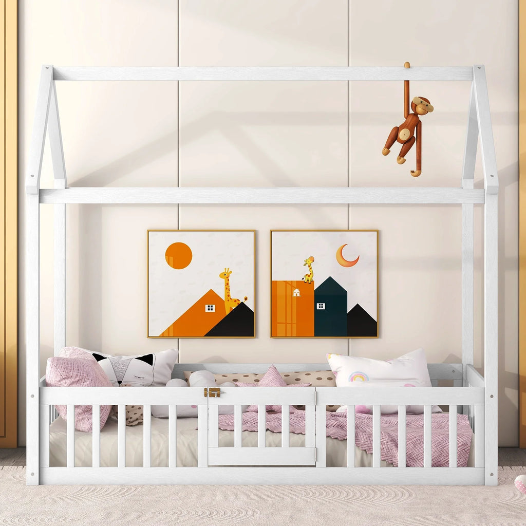 Twin House Floor Bed with Rails and Door D2338
