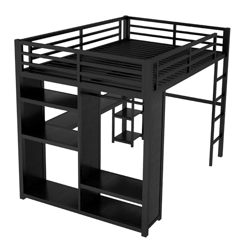 Queen Size Black Metal Loft Bed with L Desk and Wardrobe C4185