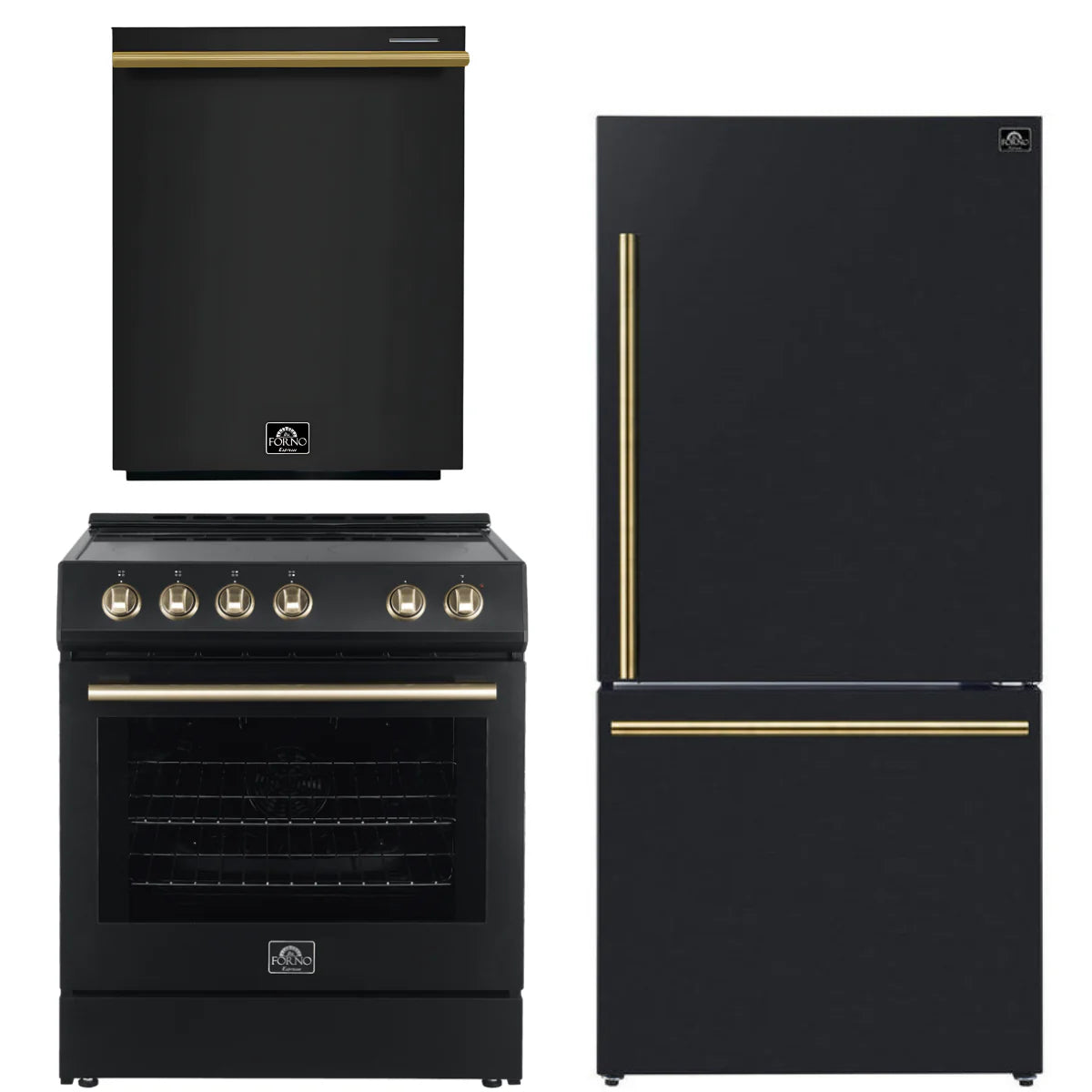 30 Electric Range, Refrigerator and Dishwasher in Black with Antique Brass Handles A187004