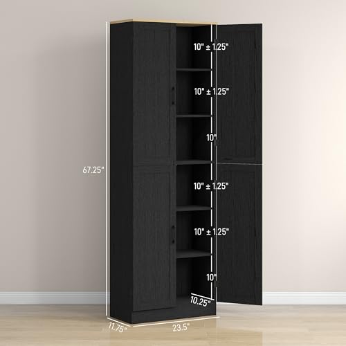 67" Distressed Black 4-Door Kitchen Pantry Cabinet T8082