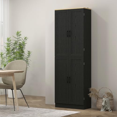 67" Distressed Black 4-Door Kitchen Pantry Cabinet T8082