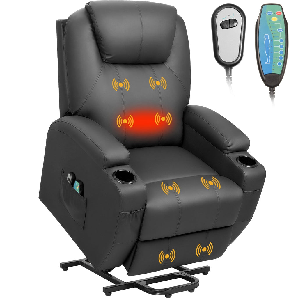 Black PU Leather Power Lift Recliner Chair with Massage and Heating A1830