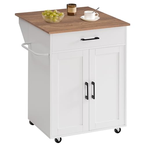 White Drop Leaf Kitchen Island on Wheels with Drawer Q365