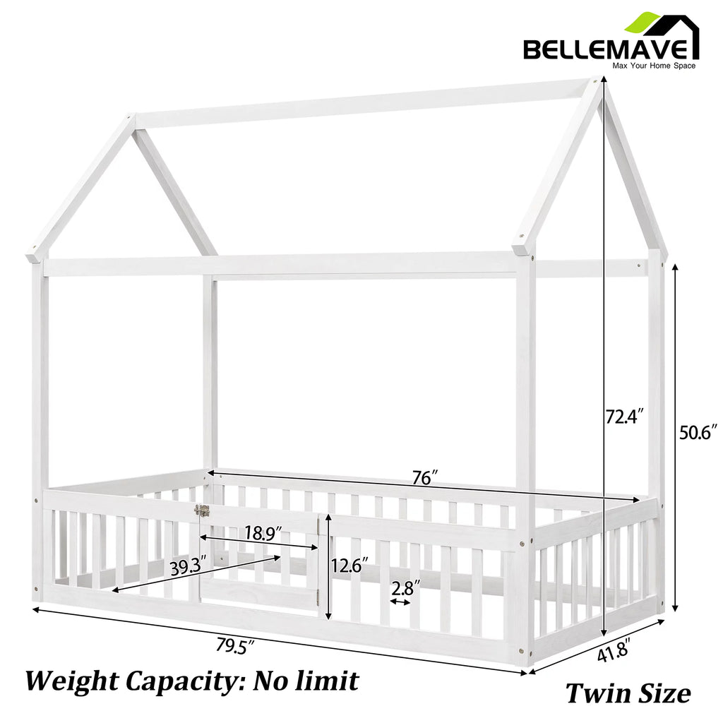 Twin House Floor Bed with Rails and Door D2338