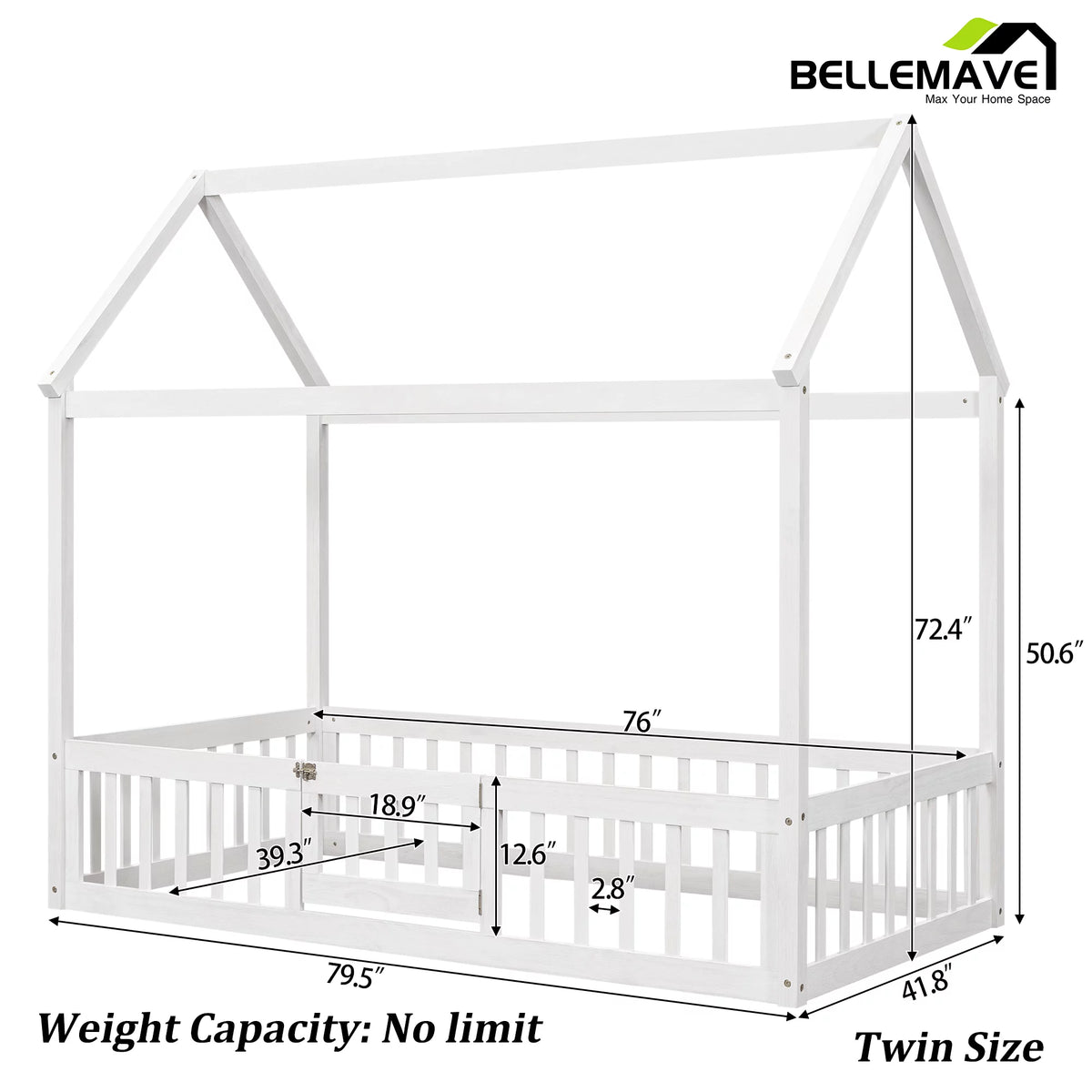 Twin House Floor Bed with Rails and Door D2338