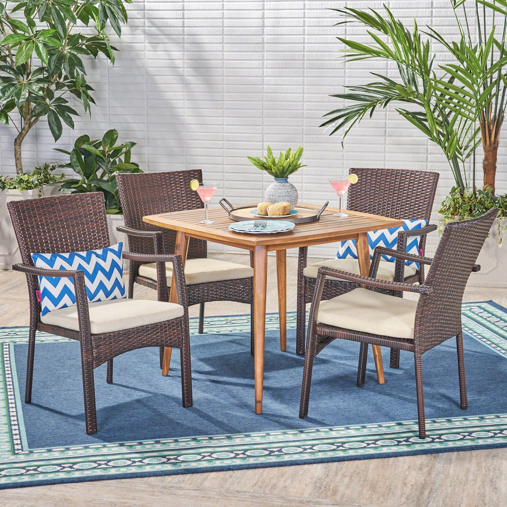 5 Piece Wicker and Acacia Wood Dining Set Z581103