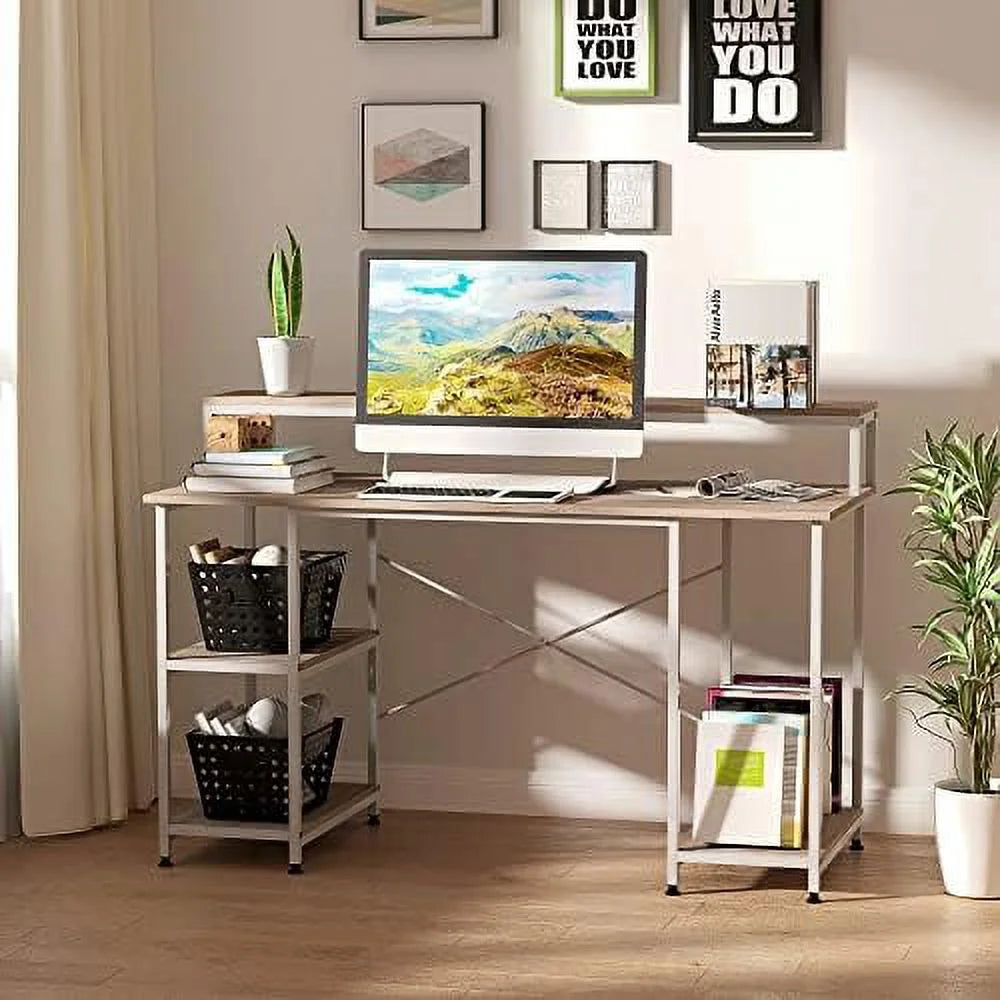 55 Inch Grey Wood Grain Computer Desk with Shelves L2433