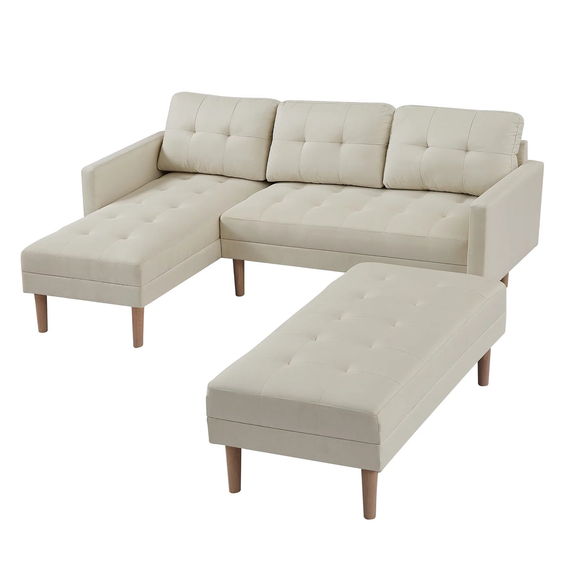 Beige L-shape Sectional Sofa Bed with Ottoman Bench Y65003
