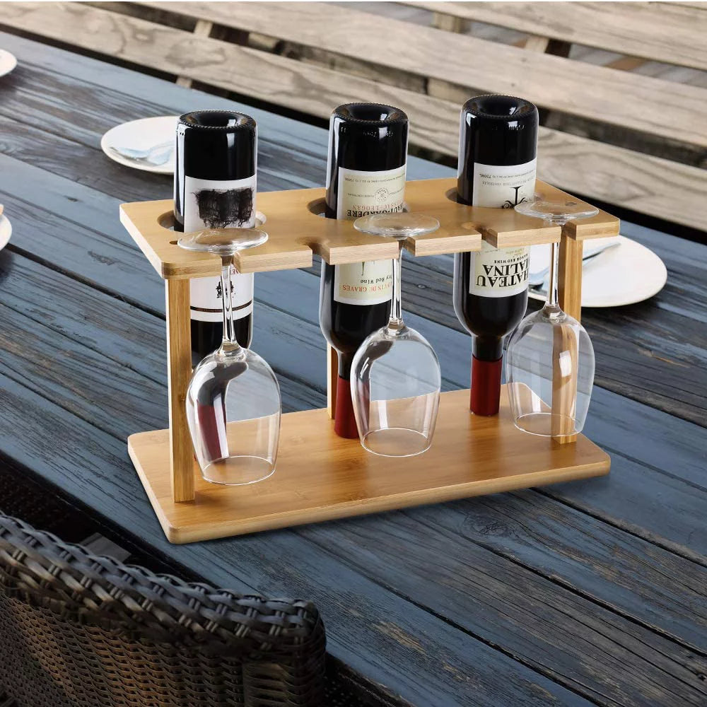 Bamboo Wine Rack Holds 3 Bottles & 3 Glasses H722173