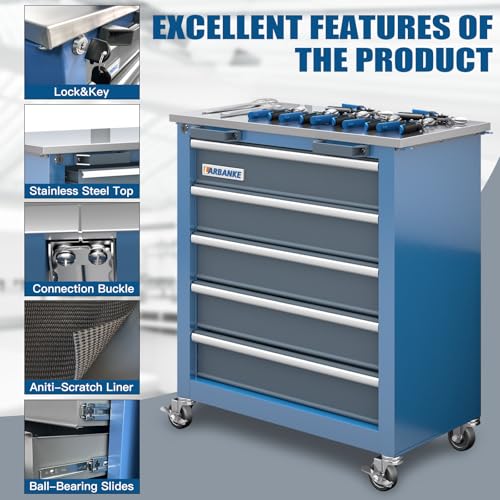 5 Drawer Rolling Tool Chest with Locking System and Stainless Top H823