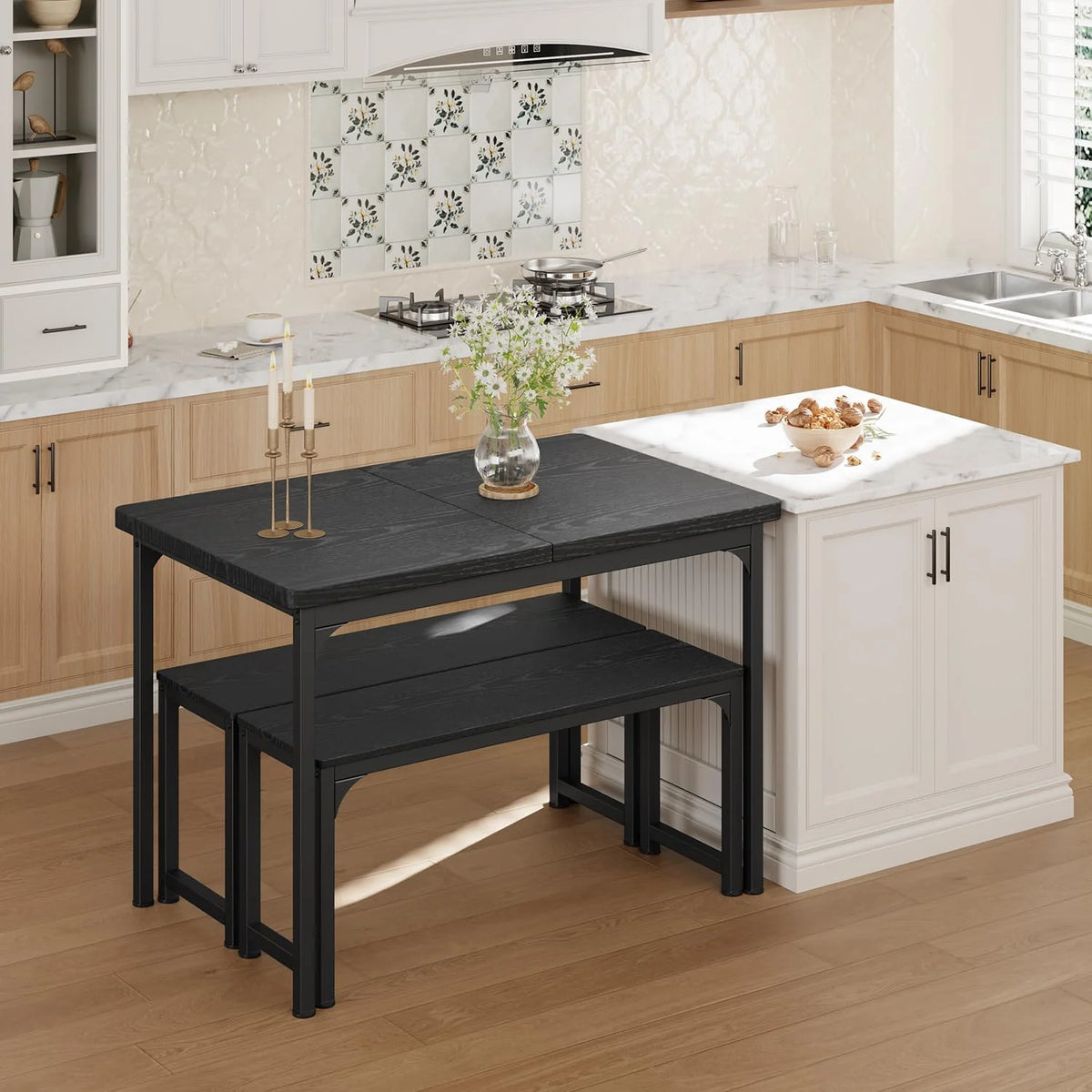 Black Extendable Dining Table Set with 2 Benches C28575
