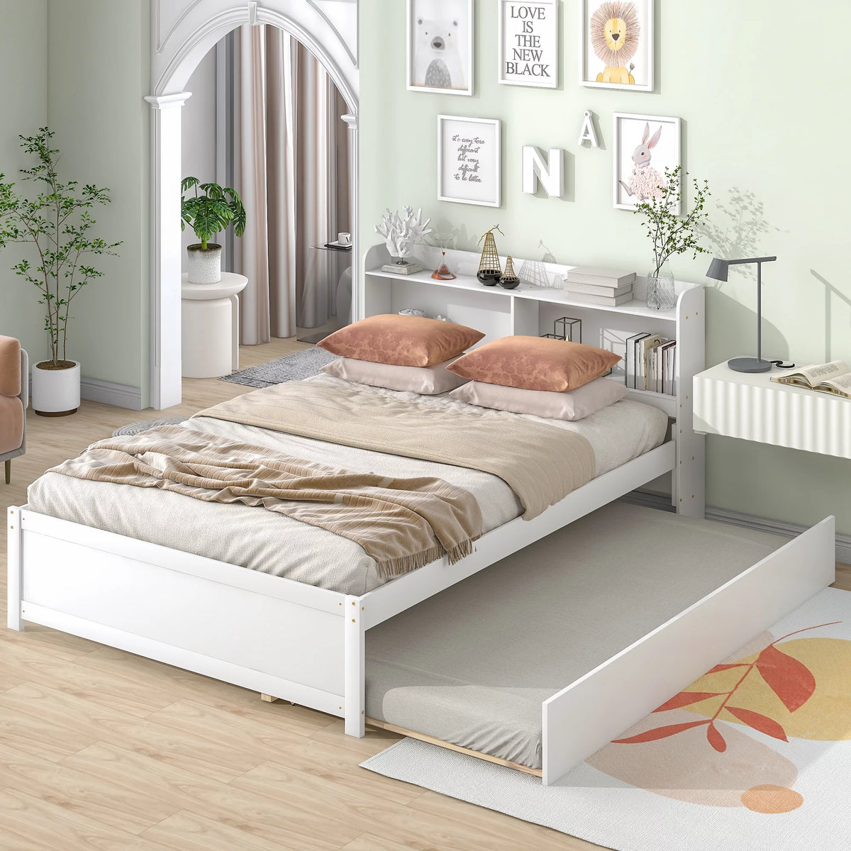 Twin Bed Frame with Trundle and Storage Bookcase A4214