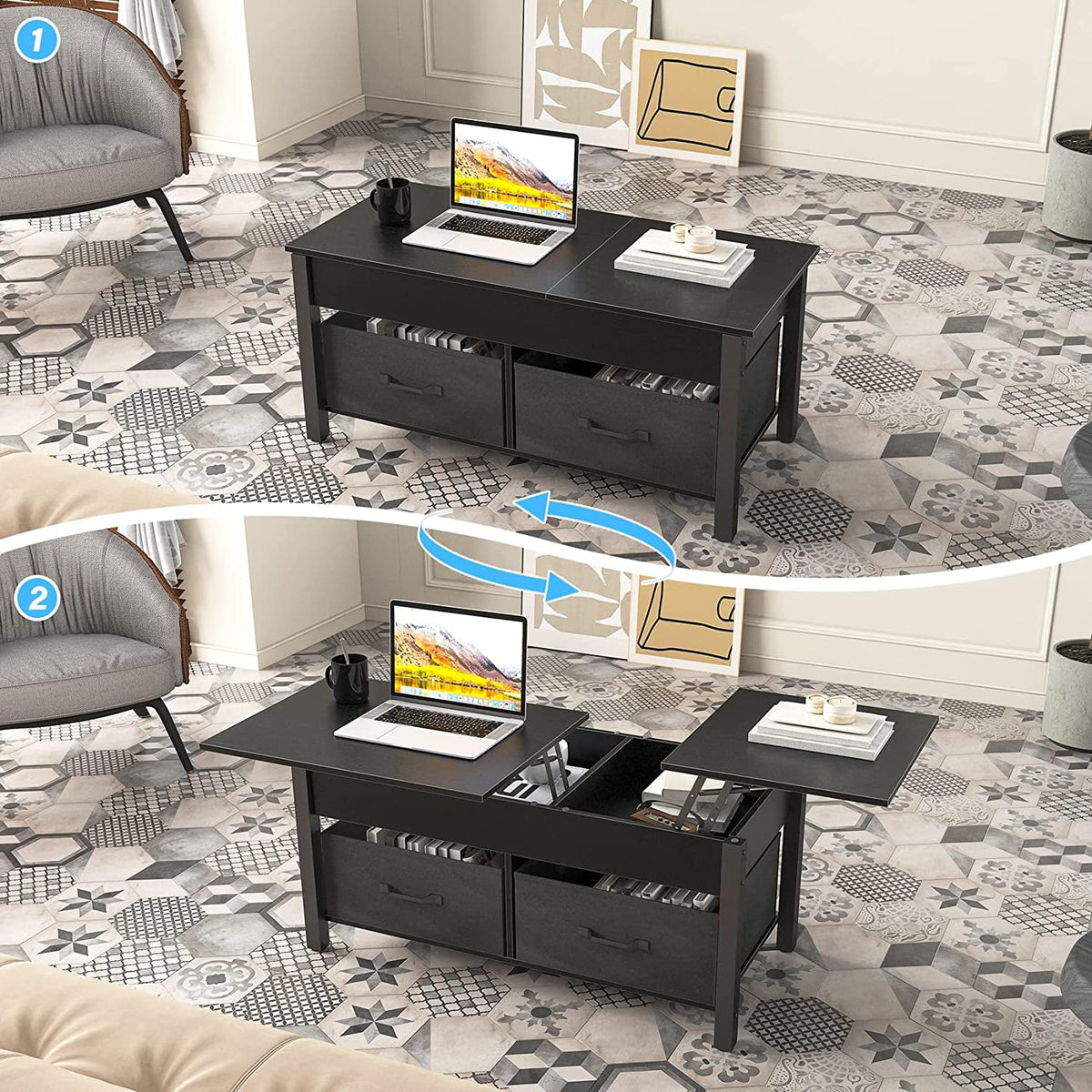 Lift Top Coffee Table with 2 Drawers and Open Side Shelf G55194