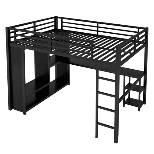 Queen Size Black Metal Loft Bed with L Desk and Wardrobe C4185
