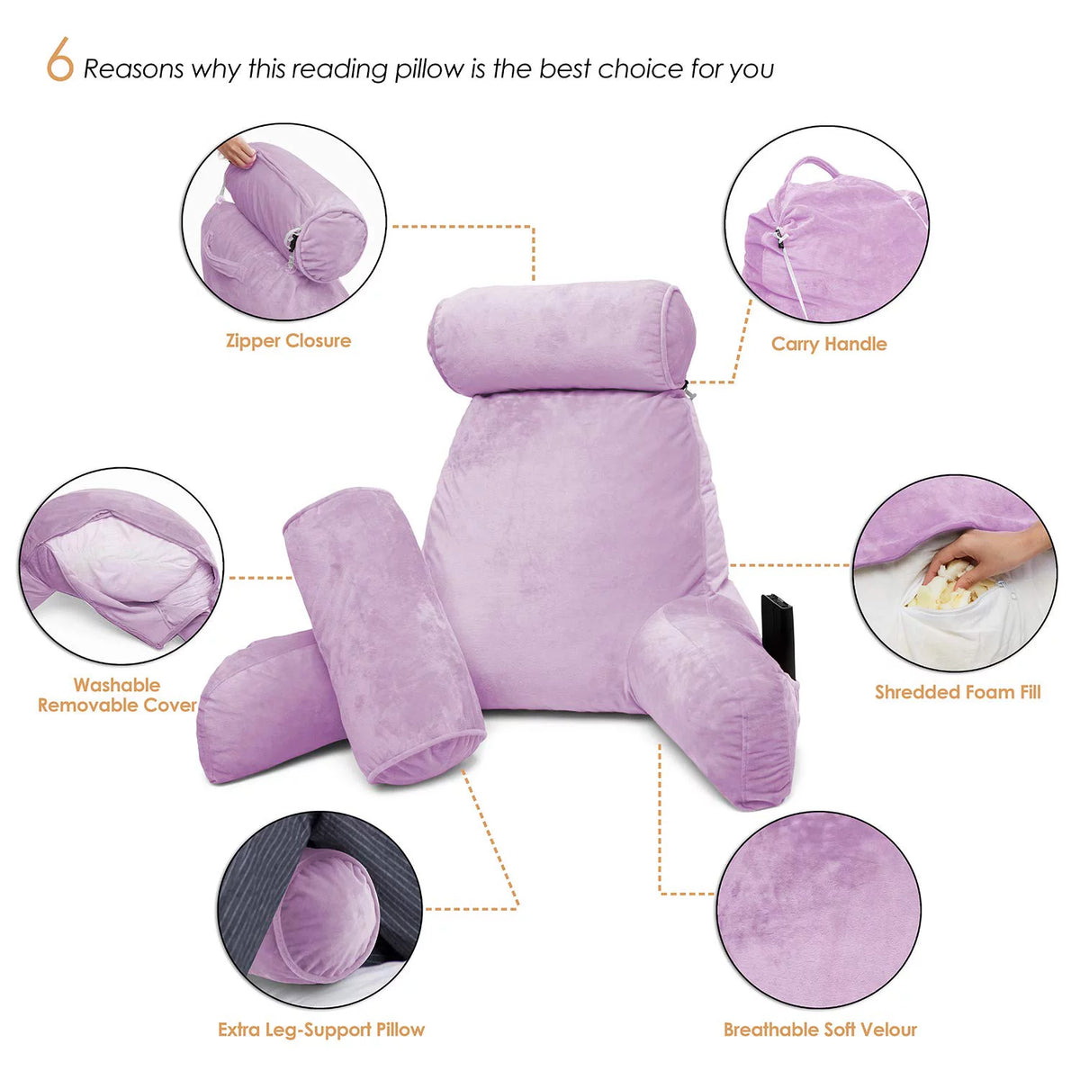Light Purple Shredded Memory Foam Bed Rest Pillow with Arms and Pockets Z324376