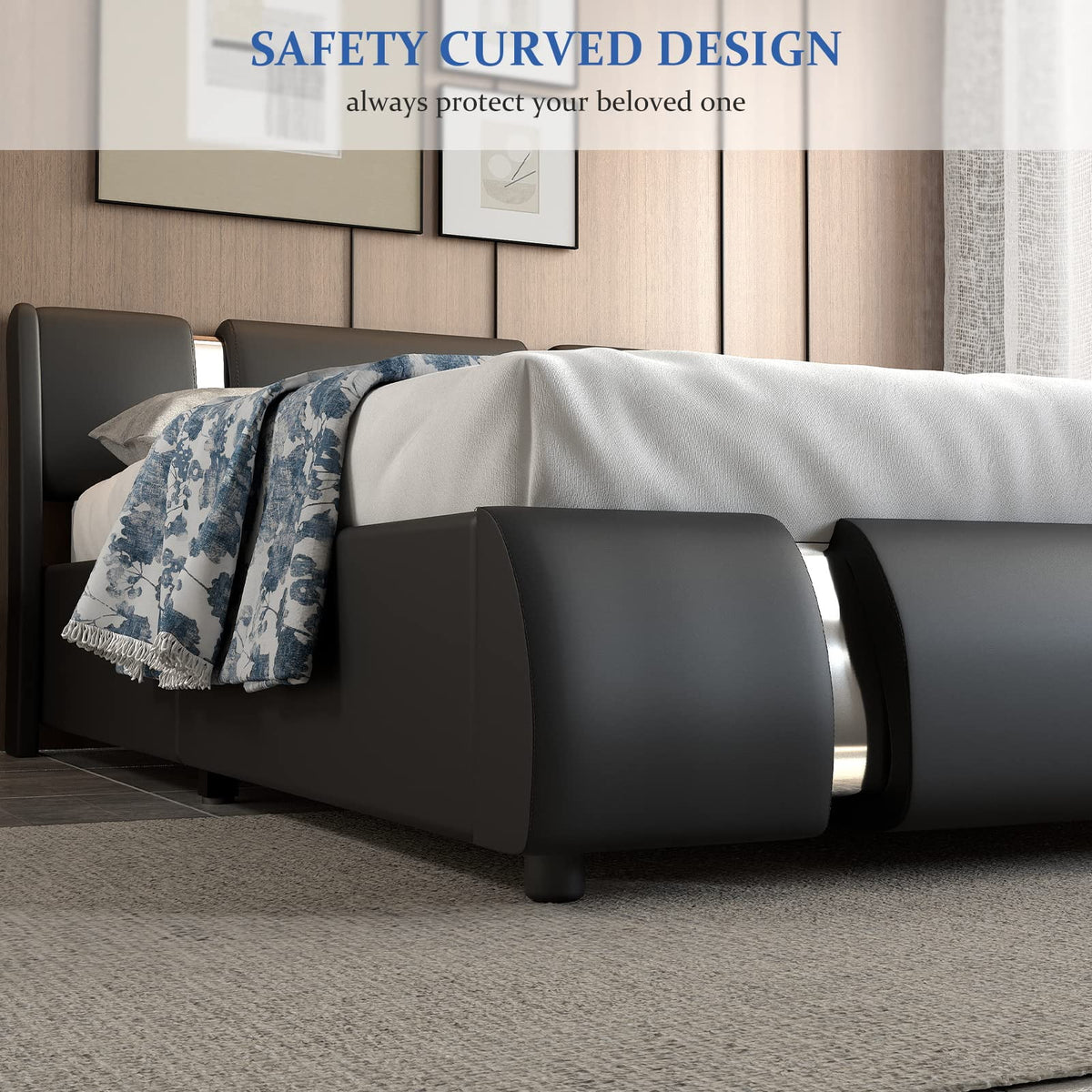 Faux Leather Full Size Platform Bed with LED Light and Adjustable Headboard B744