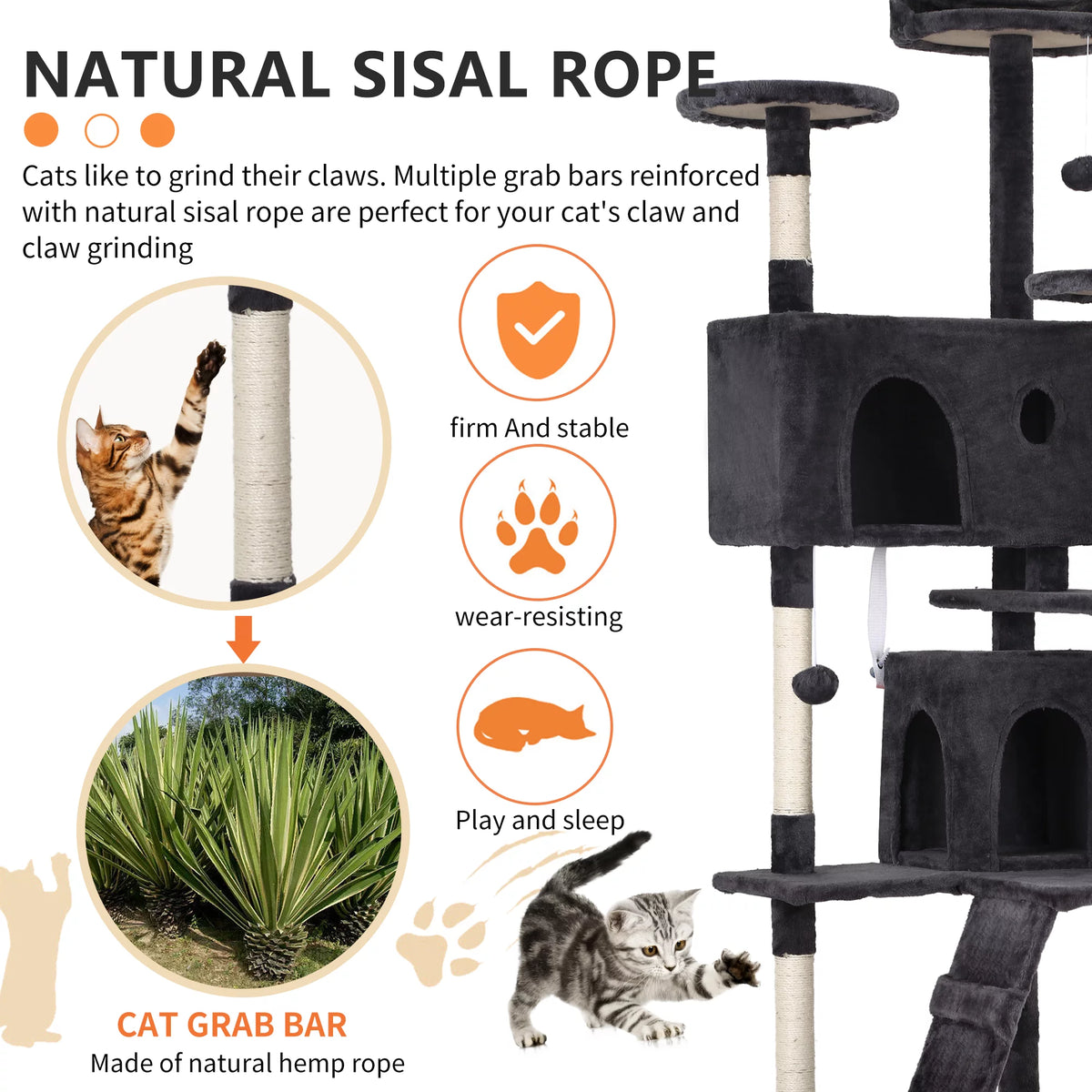 70in Dark Gray Cat Tree Tower with Scratching Posts L4495