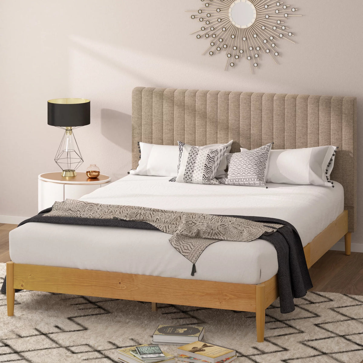 Queen Wood Platform Bed Frame with Upholstered Headboard B956114