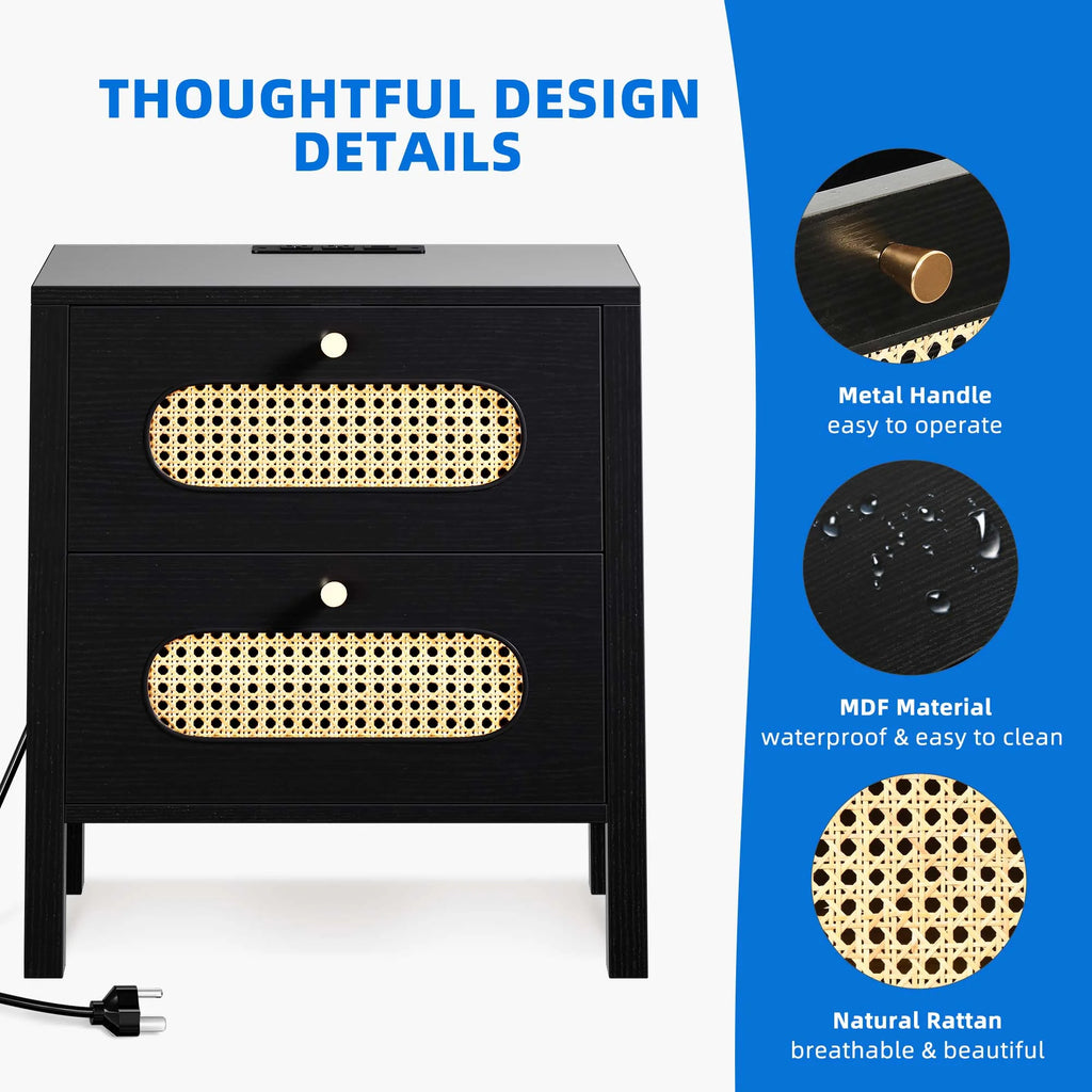 Black Rattan Nightstand with Charging Station X266496