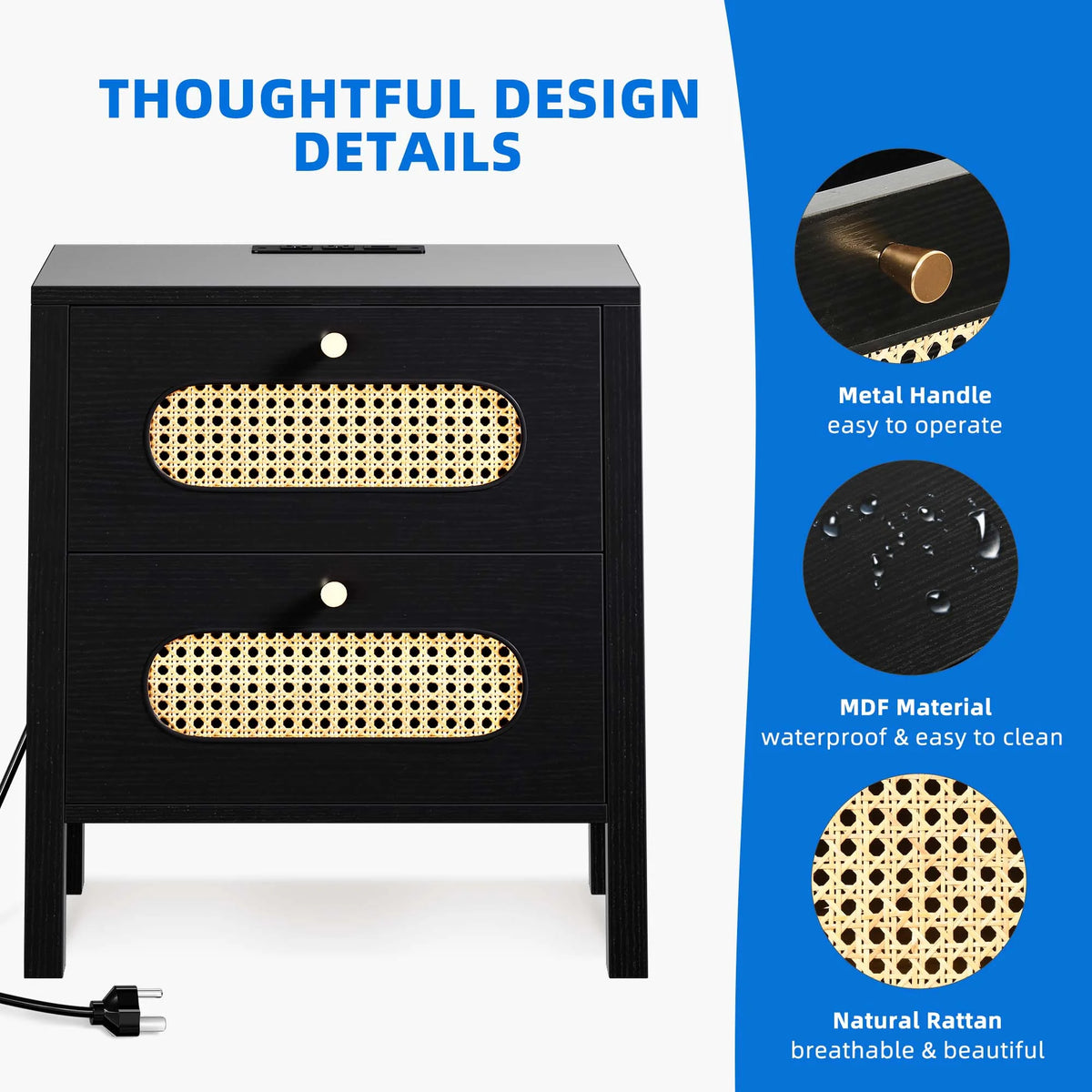 Black Rattan Nightstand with Charging Station X266496