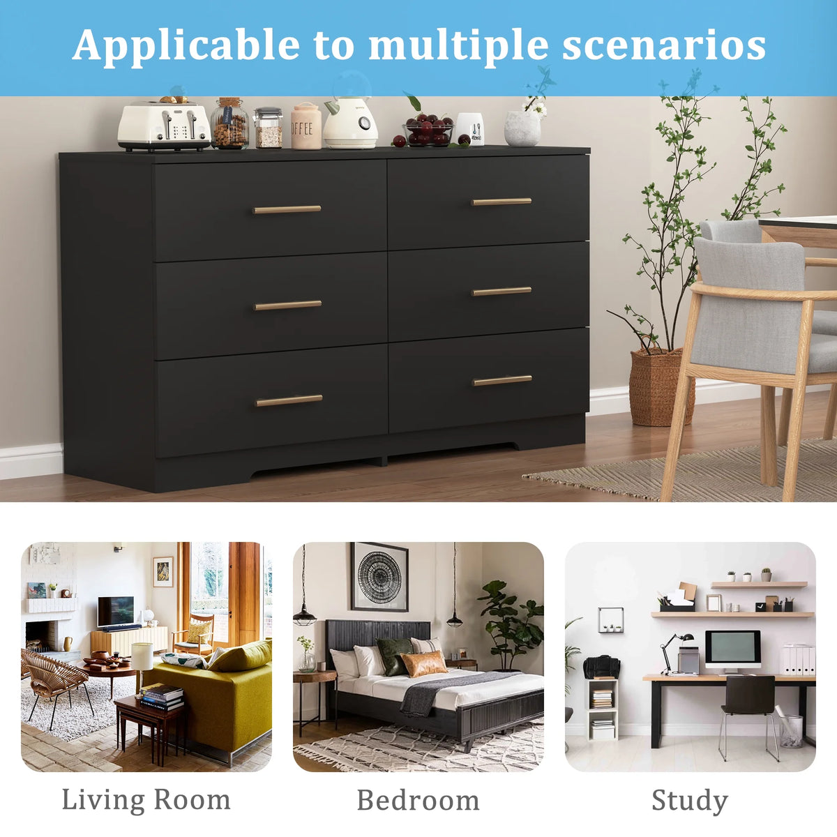 Black 6 Drawer Wood Dresser G338