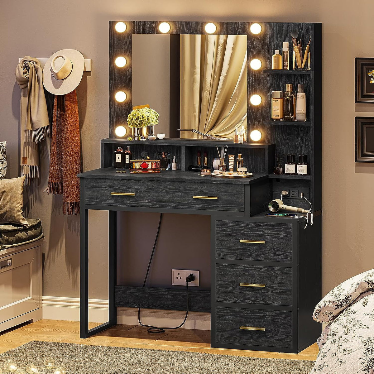 Black Makeup Vanity with Lights and Charging Station, 5 Drawers and Mirror E622034
