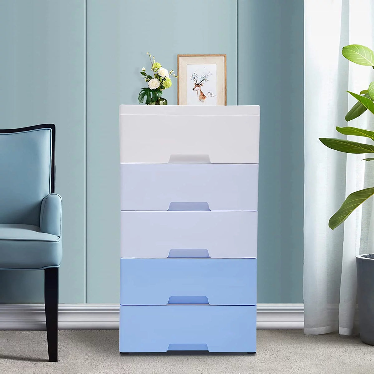 5 Plastic Drawers Dresser with Wheels Gradient Blue X51748
