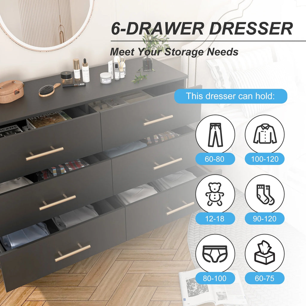 Black 6 Drawer Wood Dresser G338