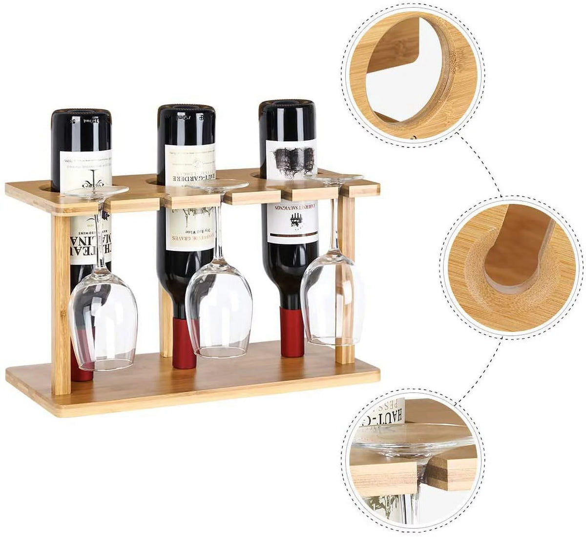 Bamboo Wine Rack Holds 3 Bottles & 3 Glasses H722173