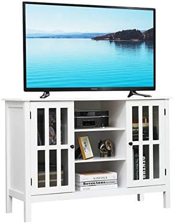 White Modern TV Stand up to 50 Inch with 2 Cabinets and 3 Open Shelves D829