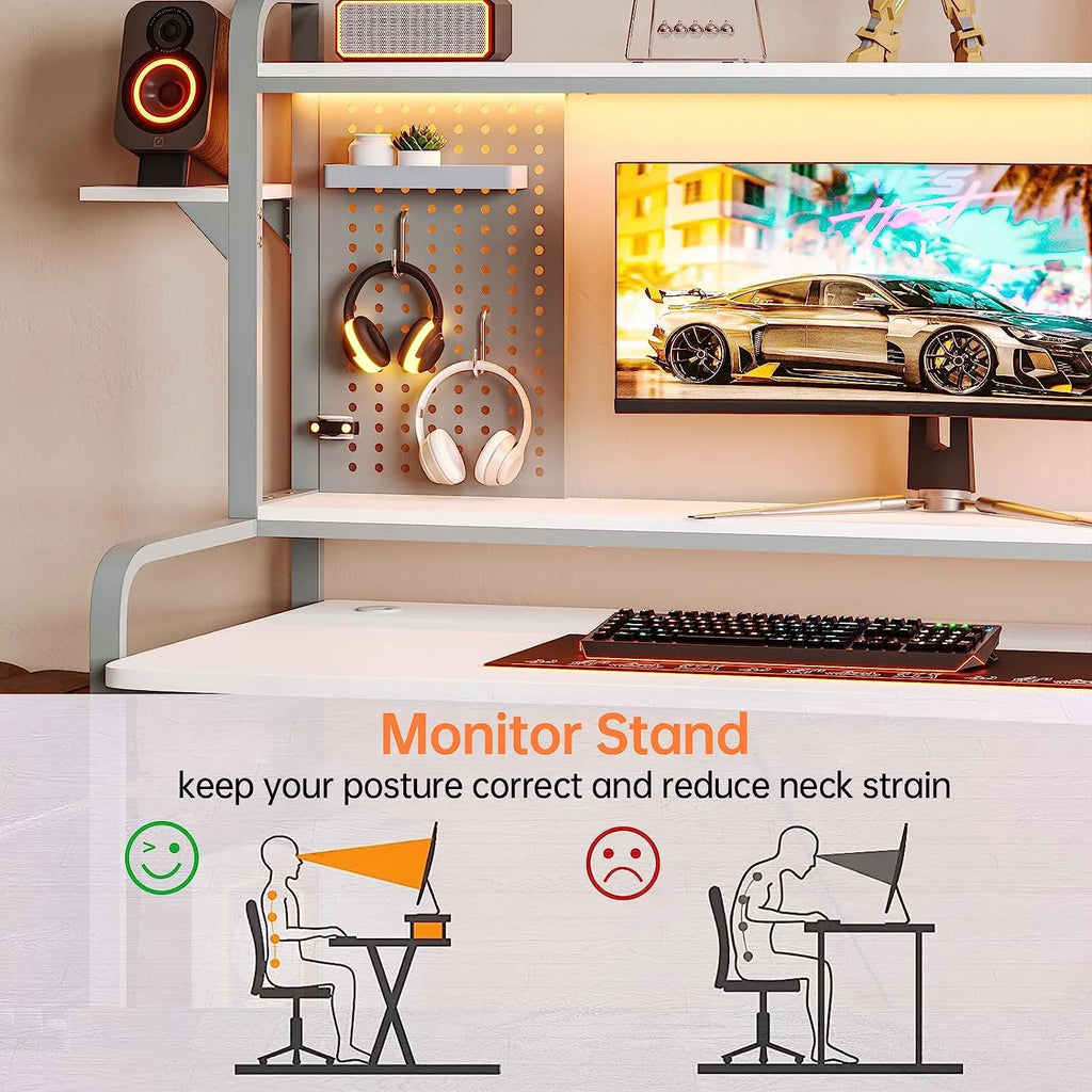 55" White Computer Desk with Hutch and Shelves G546
