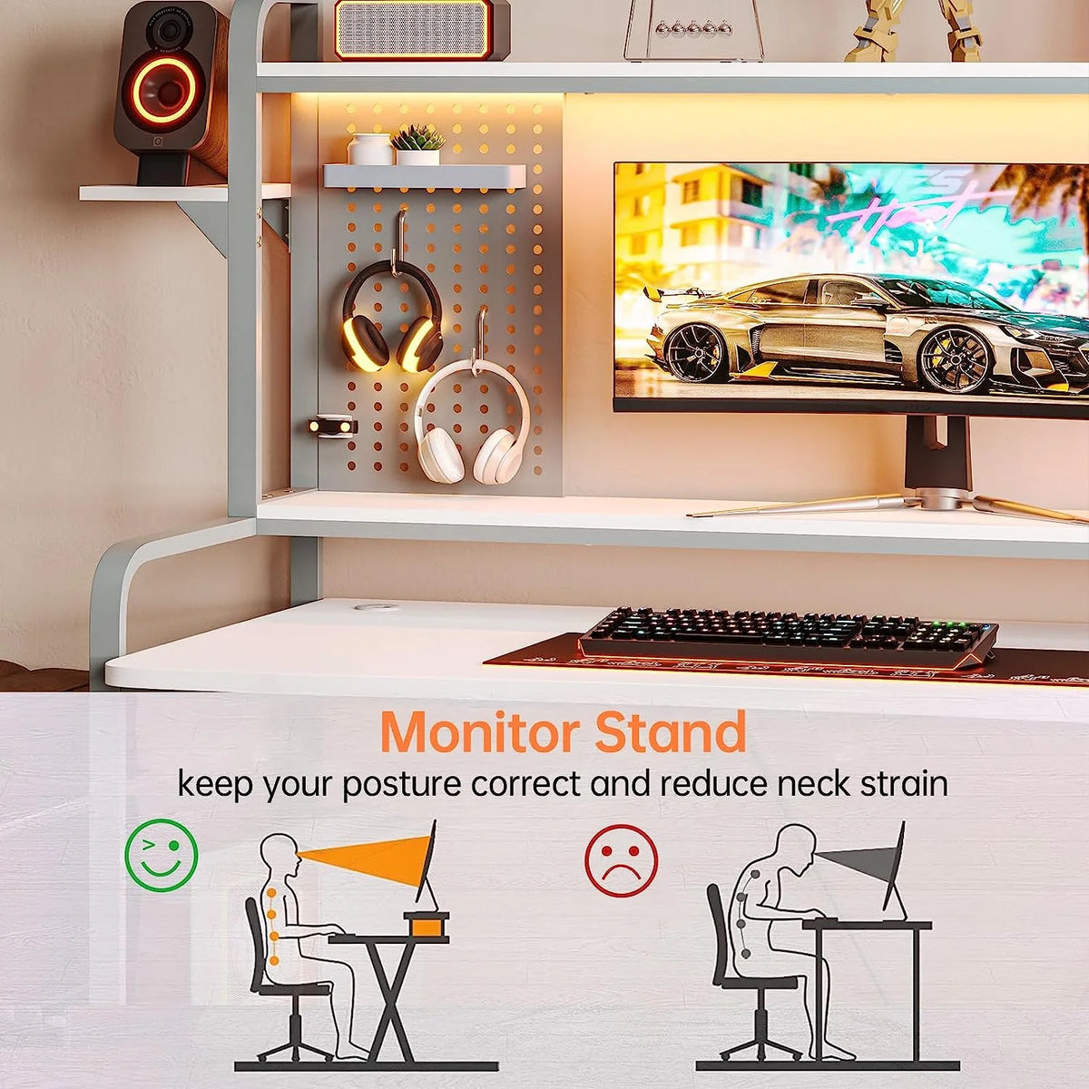 55" White Computer Desk with Hutch and Shelves G546